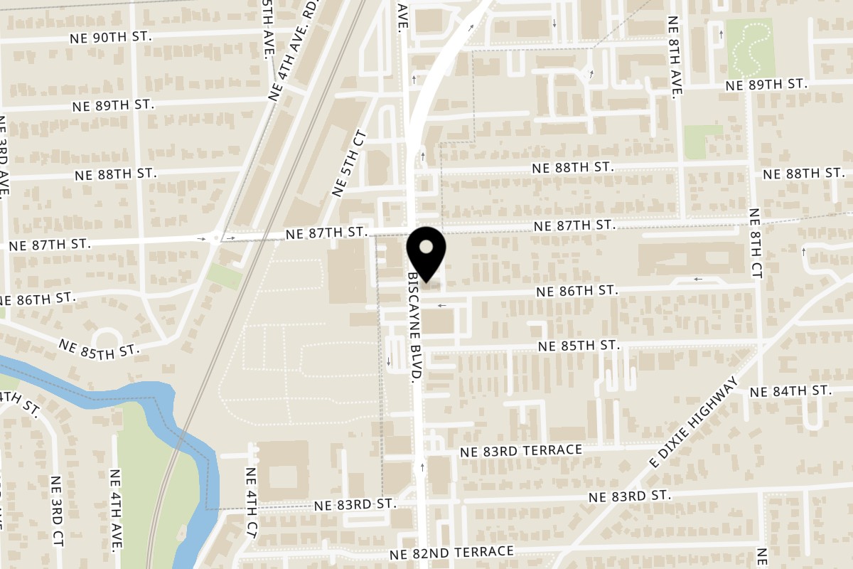 Map showing the location of Pinch Kitchen+Bar on 8601 Biscayne Blvd in Miami
